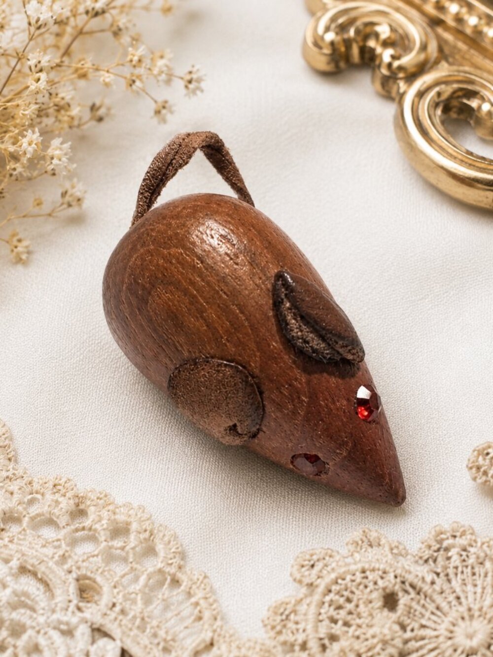 Vintage Carved Wood Mouse Scatter Pin Red Rhinestone Eyes Leather Ears Tail